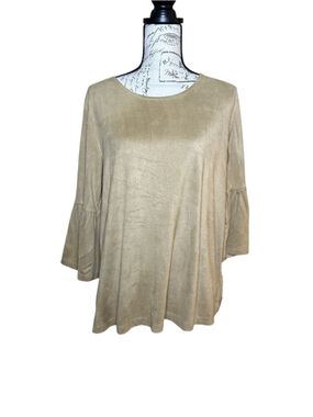 C Est. 1946 Sz Medium Tan Faux Suede Boho Blouse w Bell Sleeves w round neckline